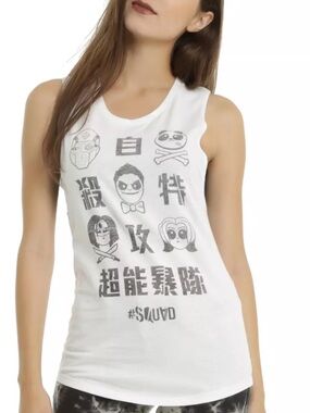 White Graphic Muscle Tank with Black Suicide Squad Faces